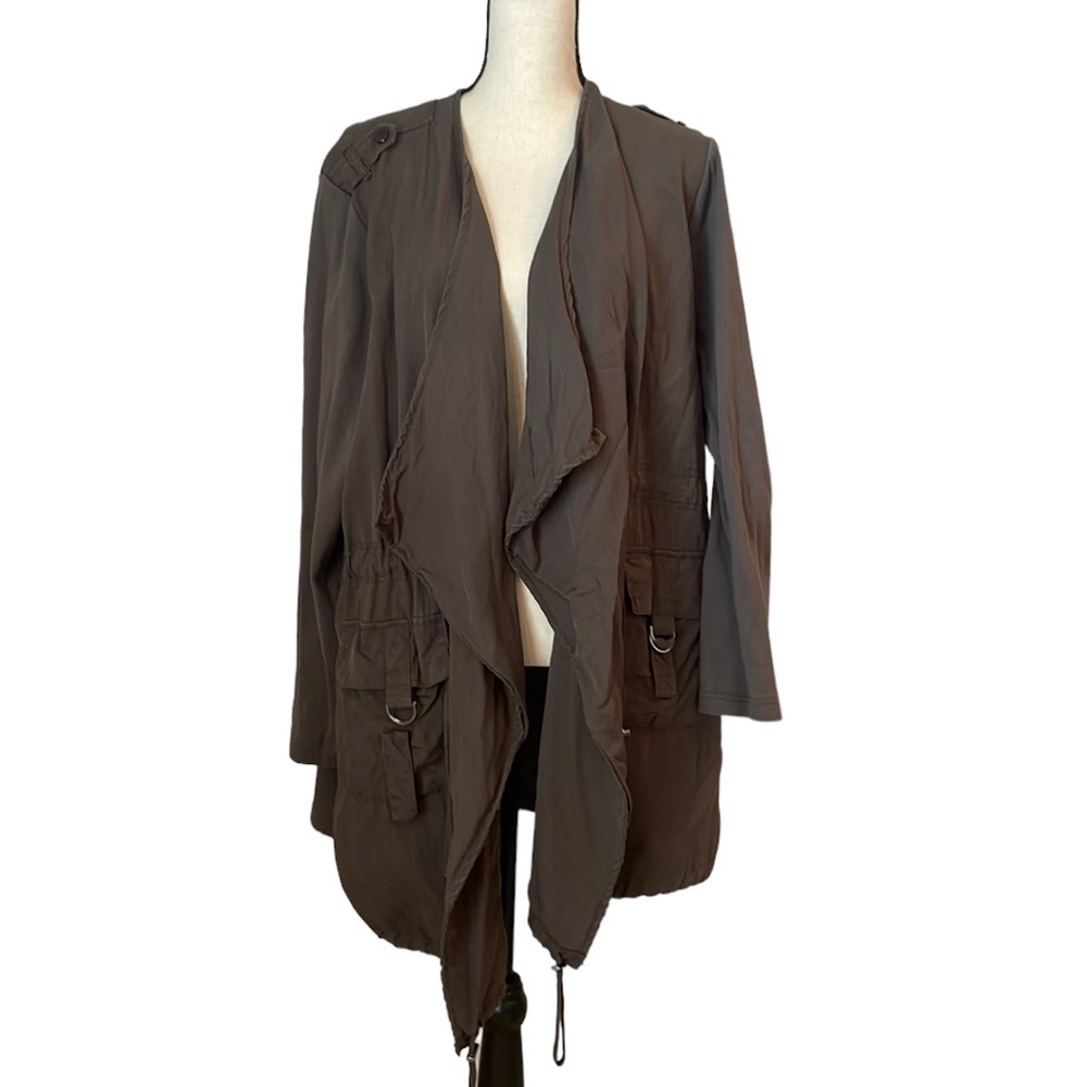 Dalia Anorak Jacket SZ 3X Olive Green Drawstrings Open Front Stretchy Lined